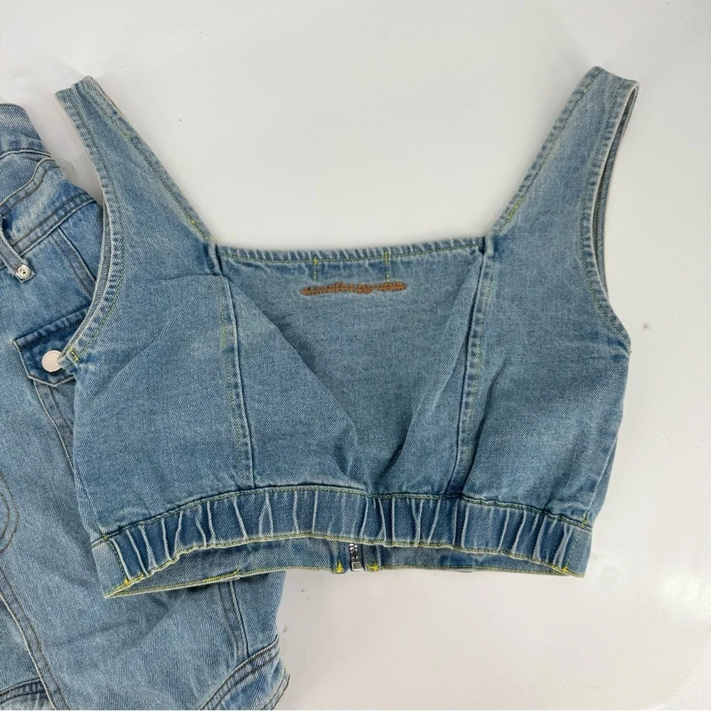 Maniere De Voir Asymmetrical Denim Cargo Funky Mini Skirt & Top SET